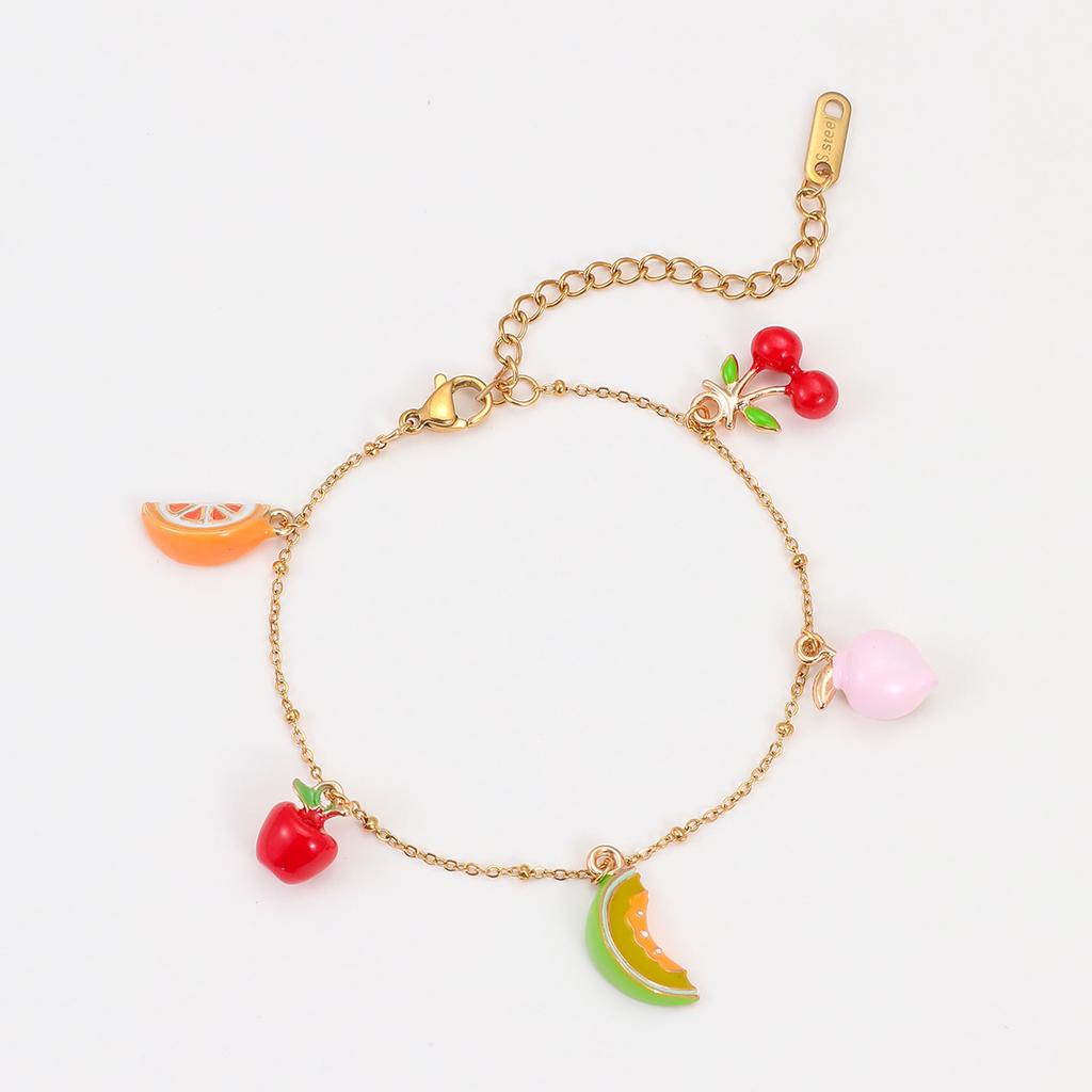 GEMCHIC Women's Stainless Steel Fruit Cherry Apple Charm Bracelet - 18K Gold Plated, Fashion Dainty Jewelry