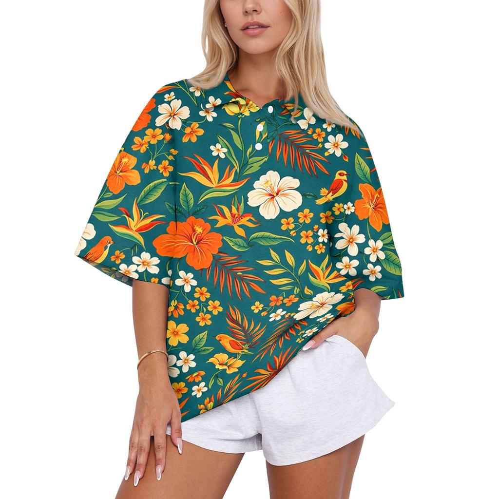 Women’s Fashion Casual Polo Collar Loose Fit Top Short Sleeve Floral Print Blouse Relaxed Lapel Shirt for Daily Wear