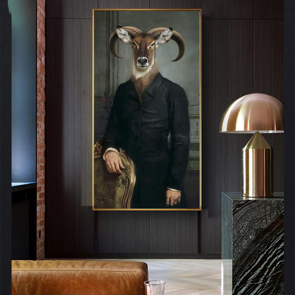 Canvas Painting Retro Nostalgia Gentleman Oil Paintings Wall Art Ram Animal Poster Prints For Living Room Home Wall Modular
