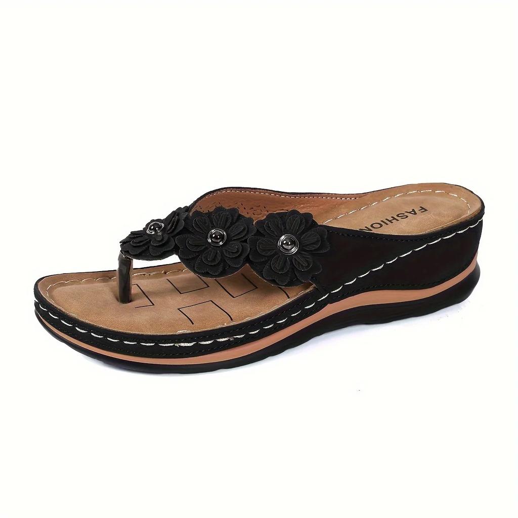 Exquisite Damen Keilsandalen mit Blumendekor, lässige Zehensteg-Flip-Flops mit dicker Sohle, bequeme Sommer- und Frühlingssandalen