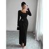European and American New Knitted Texture Long-sleeved Dress Autumn and Winter Slim-fit Irregular Diagonal Collar Split-ended Women's Clothing