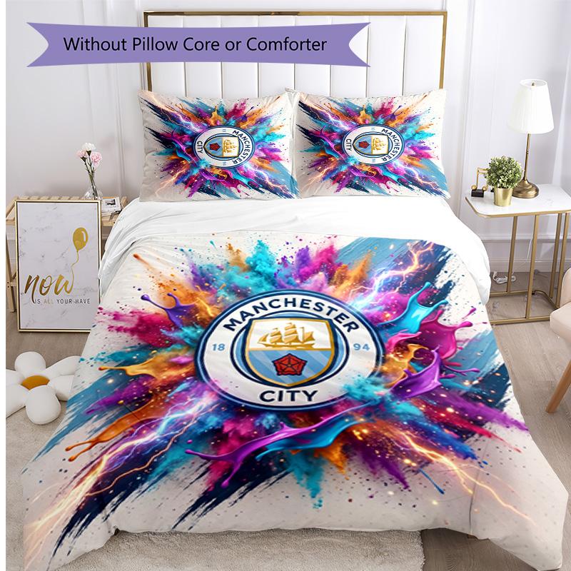 Set Lenzuola 3 Pezzi Stampato Manchester City Morbido Delicato sulla Pelle Lavabile Copripiumino e Federe Set Tutte le Stagioni Camera da Letto