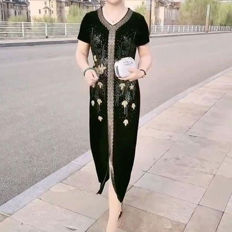 Elegant V-Neck Dresses Straight Summer Short Sleeve All-match Stylish Vintage Flowers Diamonds Midi Dress