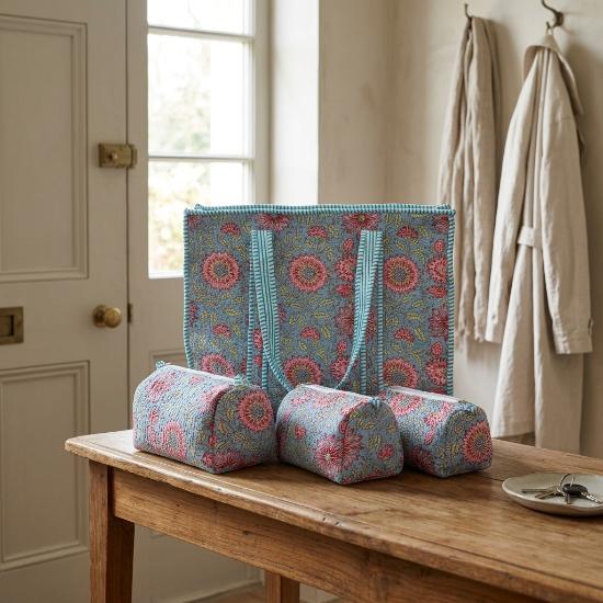 Women Bag Set Usalover925 Blue Quilted Cotton Floral Print Women Bag Set 01