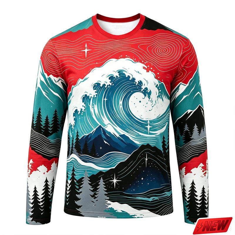 Men's Outdoor Camping Long Sleeve T-Shirt Mountain Forest Casual Crew Neck Top 3d Print Natural Landscape Graphic Tee Hiking