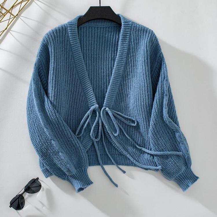 Vintage Autumn Winter Loose V Neck Cardigan Solid Color Long Sleeve Sweater Knitwear Top