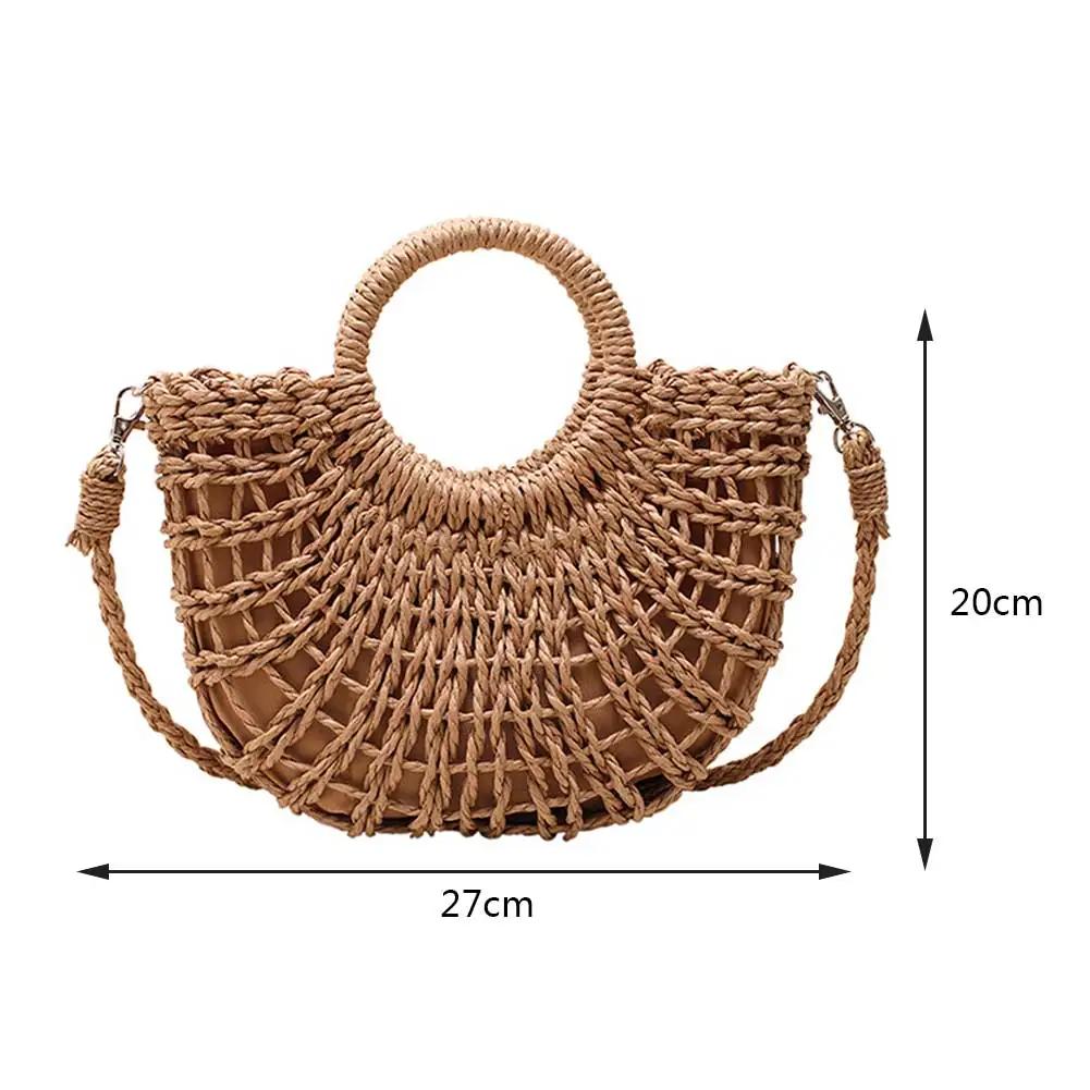 Women Handwoven Semicircle Tote Handbag Half-Moon Straw Rattan Fashion Shoulder Bag Summer Large Capacity Weaving Crossbody Bag