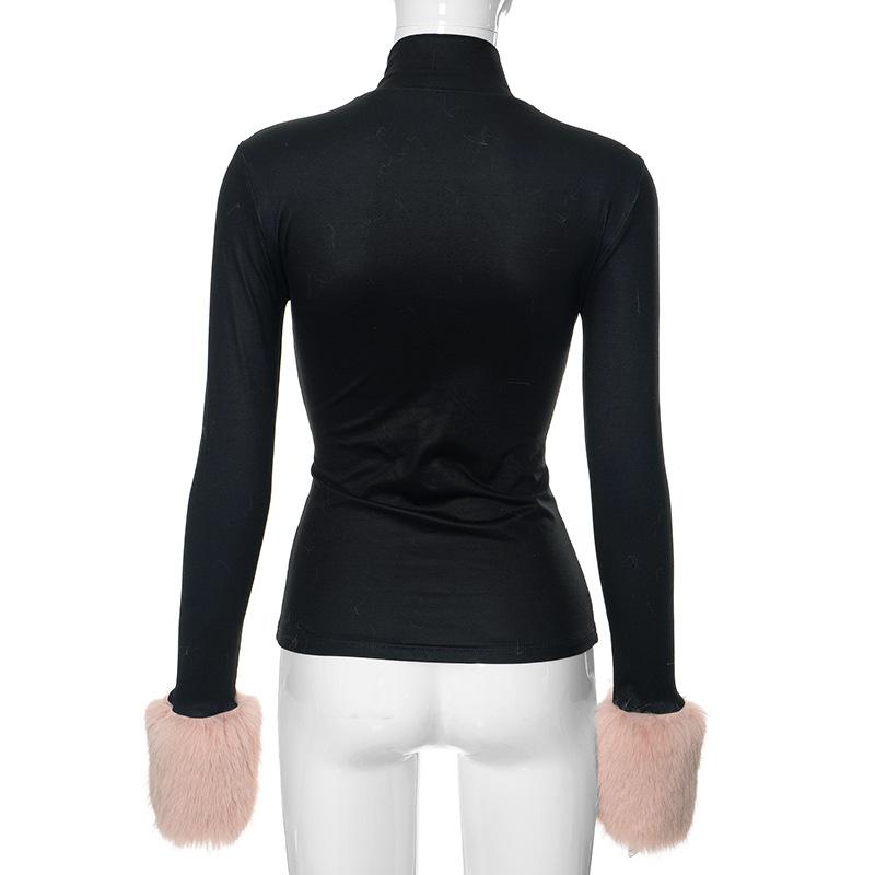 Spring and Autumn Women's Fashion Dog Print Plush Cuffs Long Sleeved T-shirt