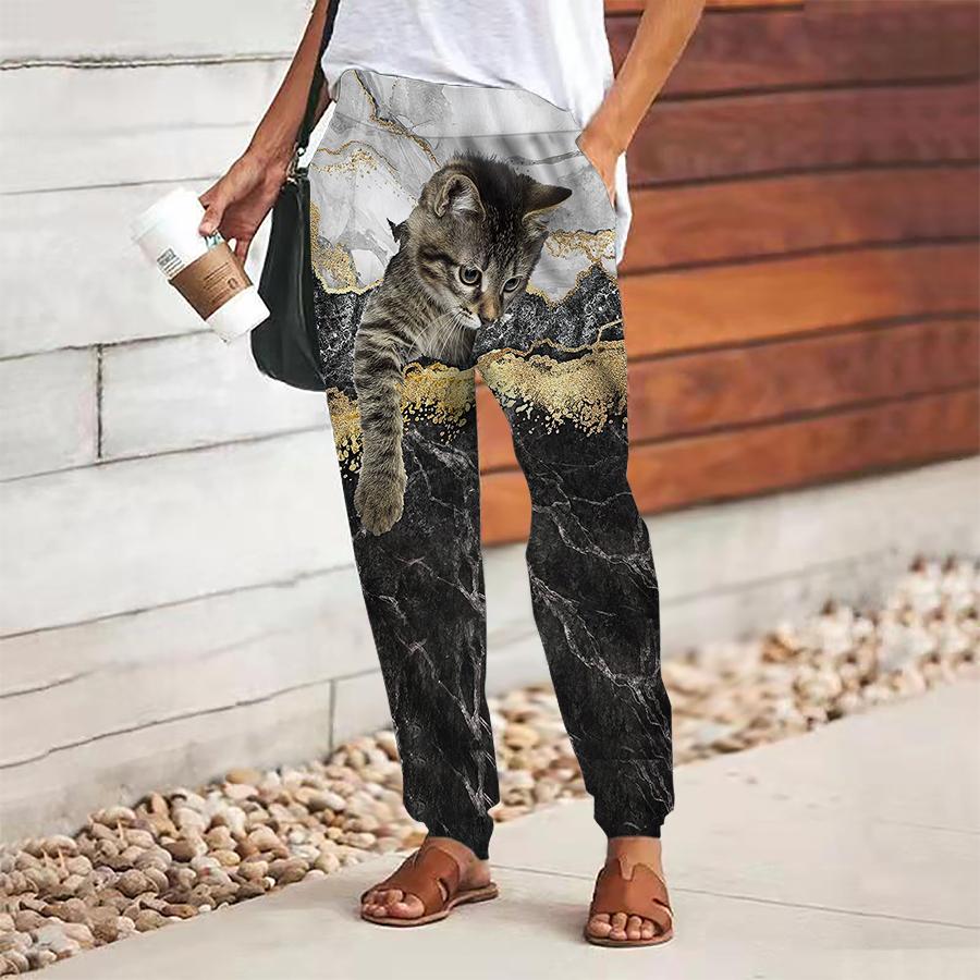 Women Cat Printing Pants Lace Up Elastic Waist Loose  Trousers Casual Long Pants Trousers with Pockets