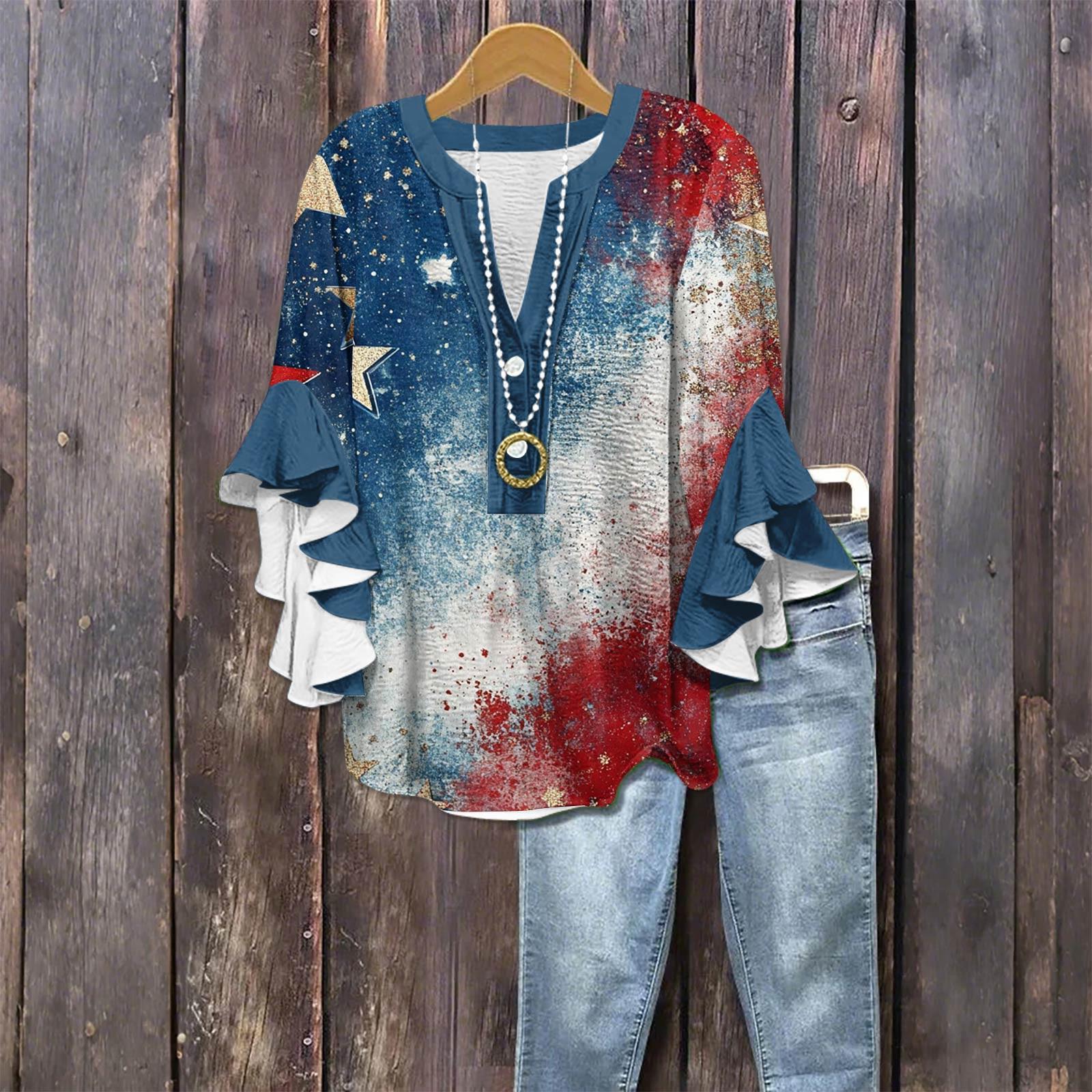 

Women s Fashionable Casual Button V-Neck Seven Quarter Sleeve Retro Independent Day Printed Shirt Top XL Темно-синій