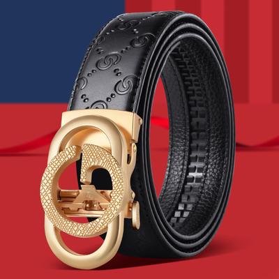 Men's High-End Leather Belt with Automatic Buckle, Trendy Double C Pattern, Versatile for Business and Casual Wear.