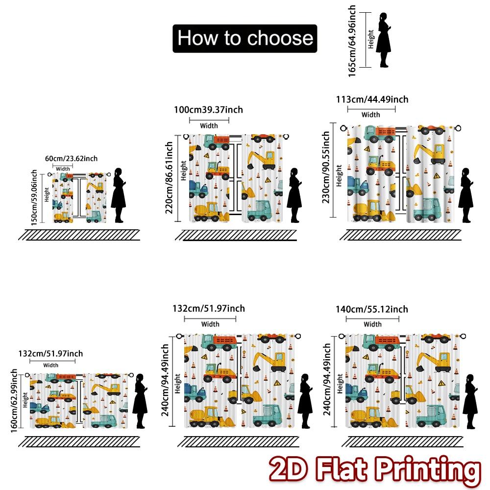 2D FLAT PRINTING 2pcs Curtains (Without Rod) Construction Vehicles Playful Modern Curtains Roller Blinds Versatile 100%