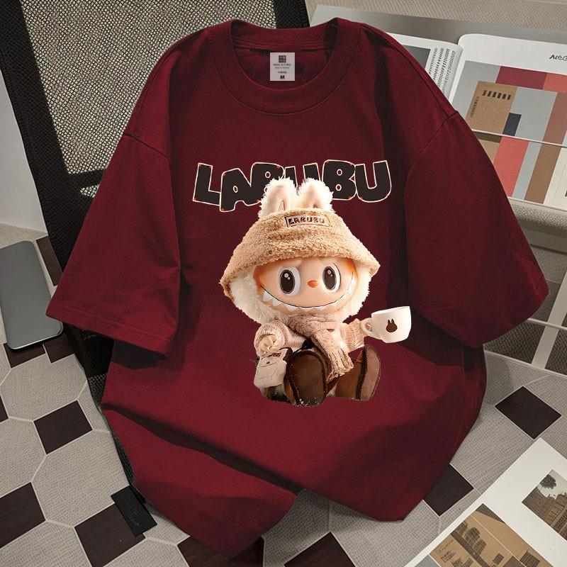 New LABUBU Cartoon Print Short Sleeved T-shirt Women's Round Neck Top Cute Casual Fashion