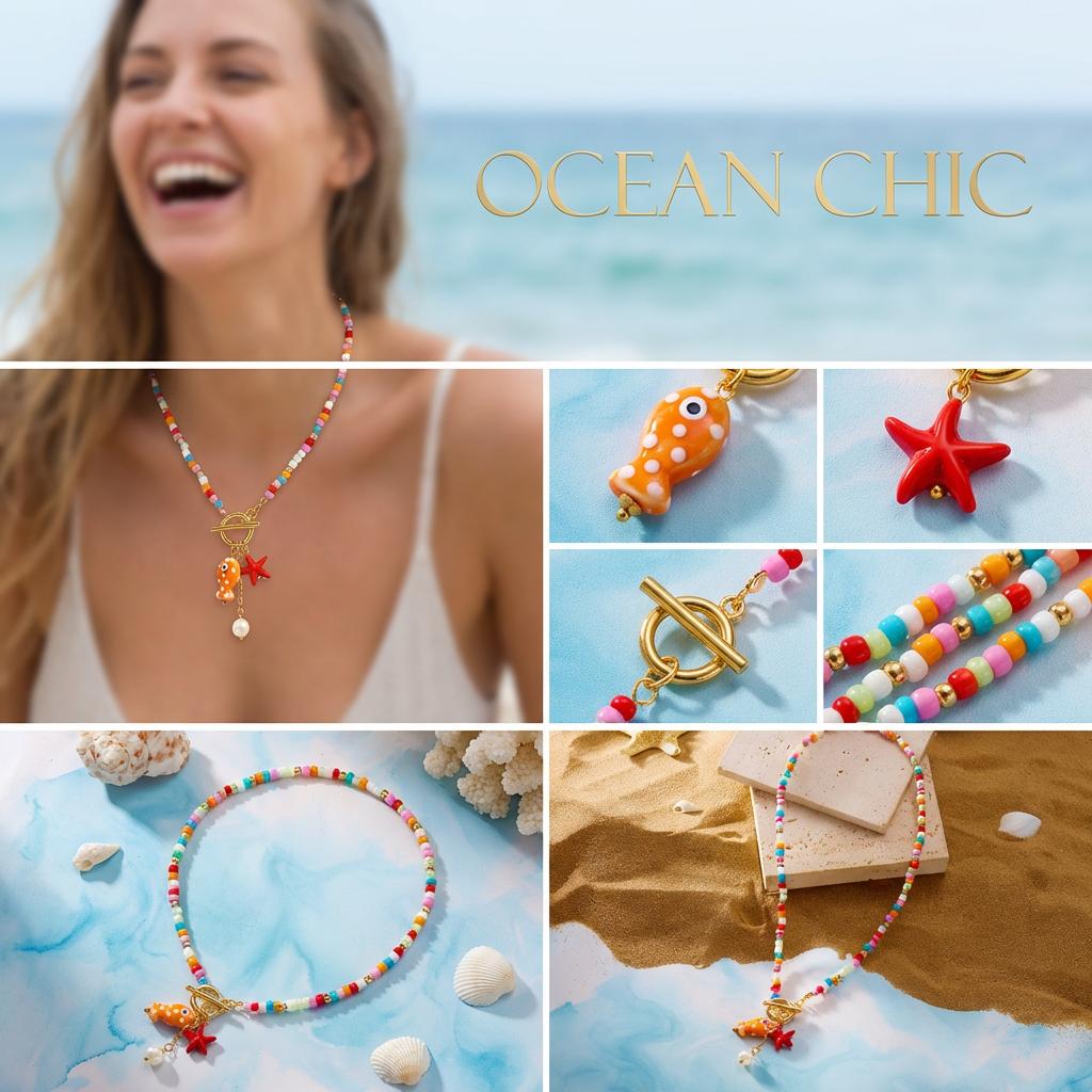 Bohemian Starfish Pendant Necklace For Women Handmade Rice Beads Ceramic Fish with OT Buckle Choker Summer Beach Party Jewelry