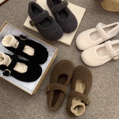 Design Pelliccia Scarpe Mary Jane da Donna Conciso Caldo Scarpe da Esterno Scarpe Piatti in Cotone Comode da Donna