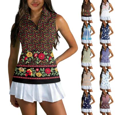 Ärmelloses Damen-Golfshirt mit Reißverschluss vorne und Kragen, Blumenmuster, Sportliches Tanktop für Sport und Outdoor-Aktivitäten