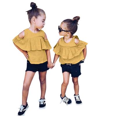 Toddler Baby Girl Solid Off Shoulder Sleeveless Velour Ruffle Shirt Tops Shorts Outfit Clothes