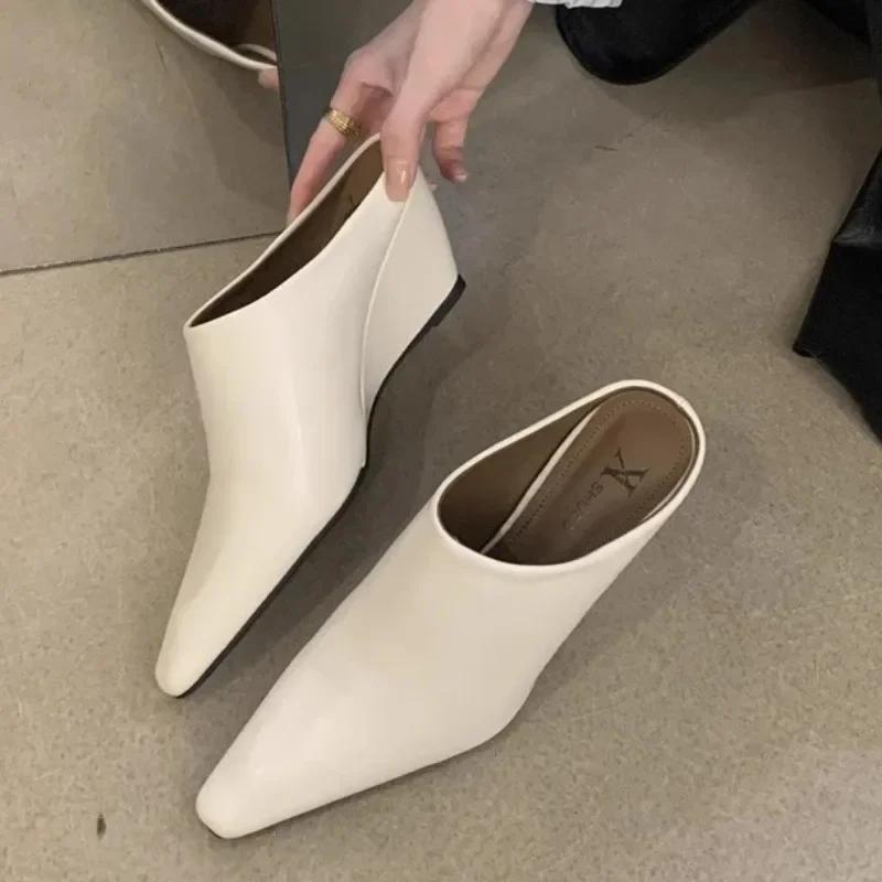 2025European American Baotou Half Women's Soft Leather Slope Heel High Cool Fashion Outwear Thick Lazy Muller Shoes