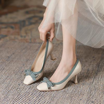 Square-headed Fine Shoes Women Autumn New Bow High Heels Women Korean Shoes Women