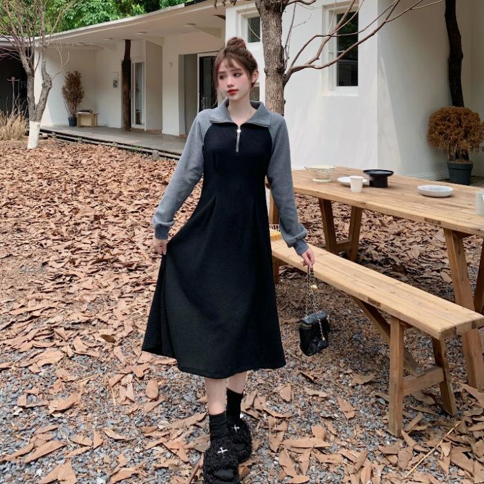 Rice autumn new color matching polo collar college style design sense niche long short dress