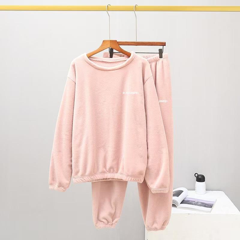 Women's Flannel Warm Home Sleepwear Sets Solid Color Round Neck Fleece Thick Pullover Lady Pajamas Long Sleeve Pants Casual 2Pcs