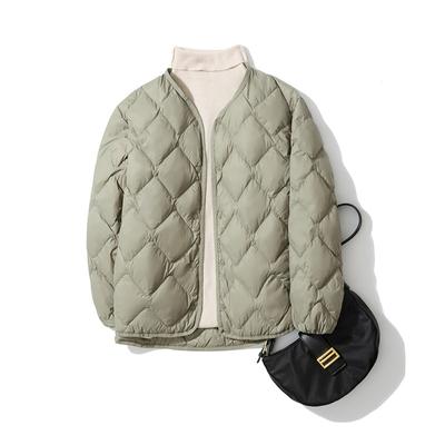 Damen Stehkragen Leichte Daunenjacke Diamant-Rautenmuster V-Ausschnitt Locker Kurze Jacke