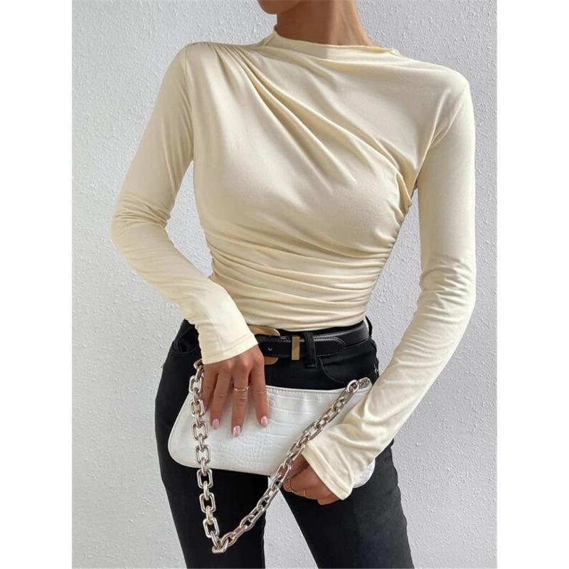 Women S Solid Slim Fit Long Sleeve T Shirt With Pleated Design