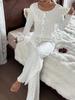 Women's European & American Lace Cardigan Pajama Set, Long-Sleeved Top & Pants, Autumn/Winter Style