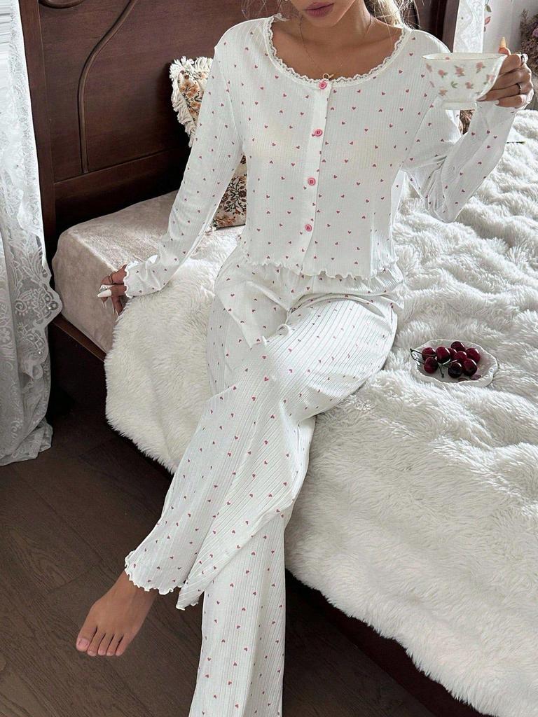 Women's European & American Lace Cardigan Pajama Set, Long-Sleeved Top & Pants, Autumn/Winter Style