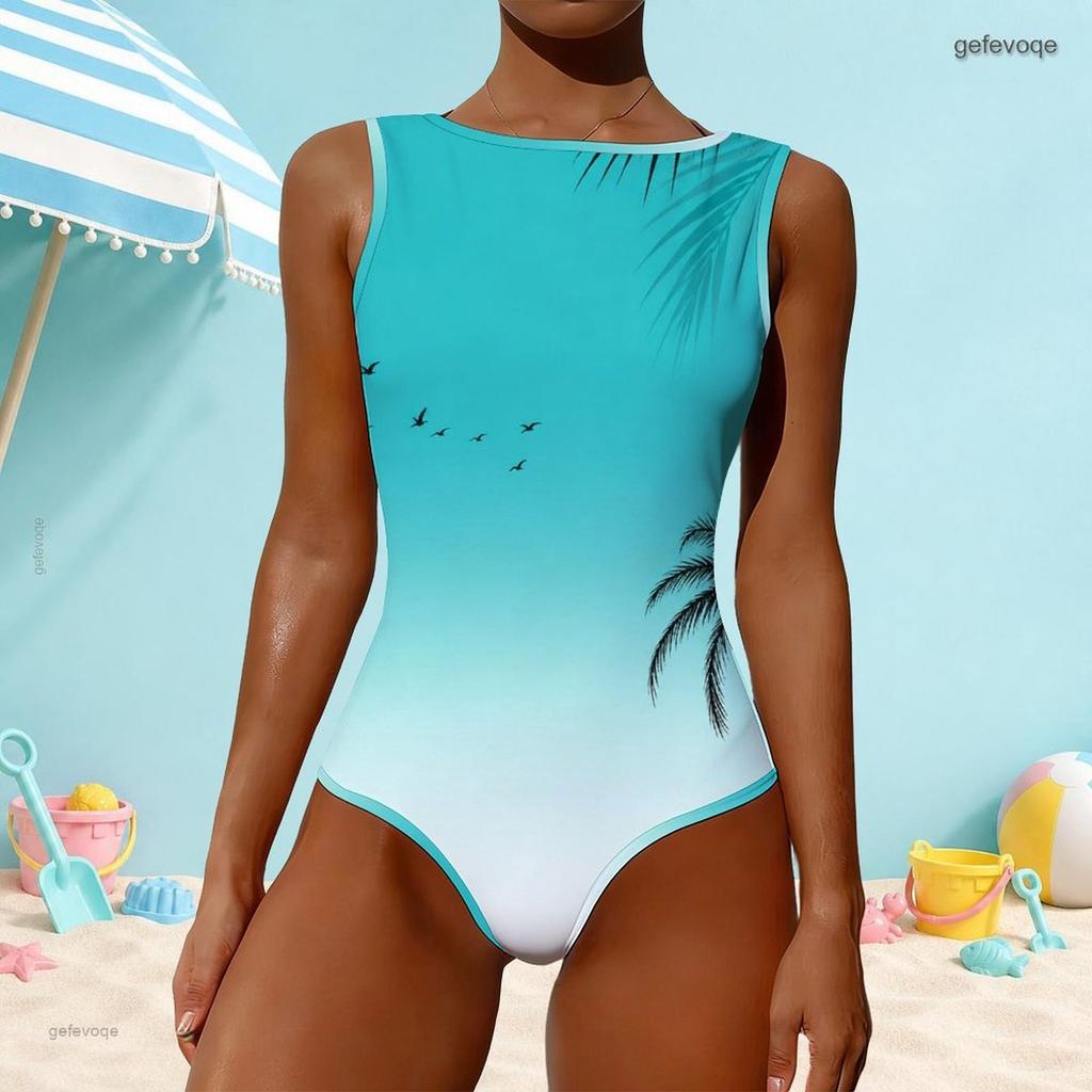 Women Plus Size High Round Neck Sleeveless One Piece Clover Printed Swimsuit
