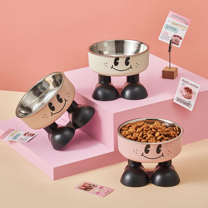 Cute Cartoon Elevated Cats Feeder Bowl Pet Neck Protection Stylish Stainless Steel Large-Capacity Anti-Choking Raised Pet Bowl