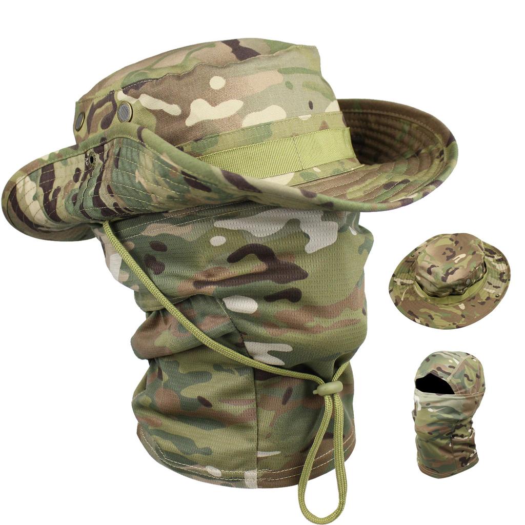 Camouflage Fischerhut mit Gesichtsmaske 2er Set Outdoor Taktischer Anglerhut Sommer Sonnenschutz für Wandern Training