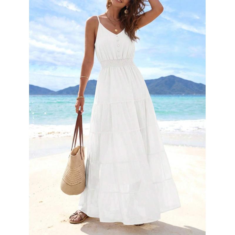 Europe, America 2026 Summer New Simple High Waist and Thin Casual Beach Vacation Suspender Dress