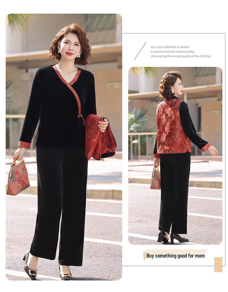 Spring & Autumn 2026 Chinese-Style Golden Velvet Suit for Mothers: Elegant Three-Piece Set