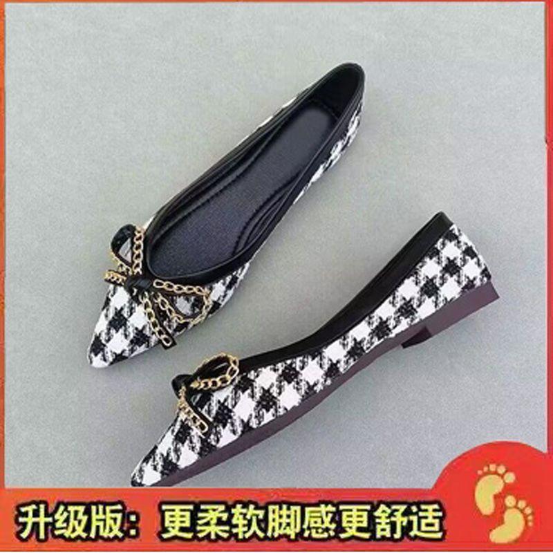 Pointed Flat-soled Single Shoes Women's New Thousand Bird Grid Bow Lady Shoes Comfortable Versatile Soft Sole Four-season Ladyshoes