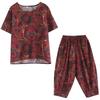 1116 summer new fat mm retro casual linen cotton printing round neck pullover short sleeve suit top cropped pants women