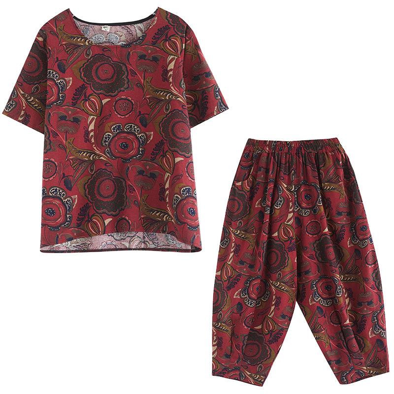 1116 summer new fat mm retro casual linen cotton printing round neck pullover short sleeve suit top cropped pants women