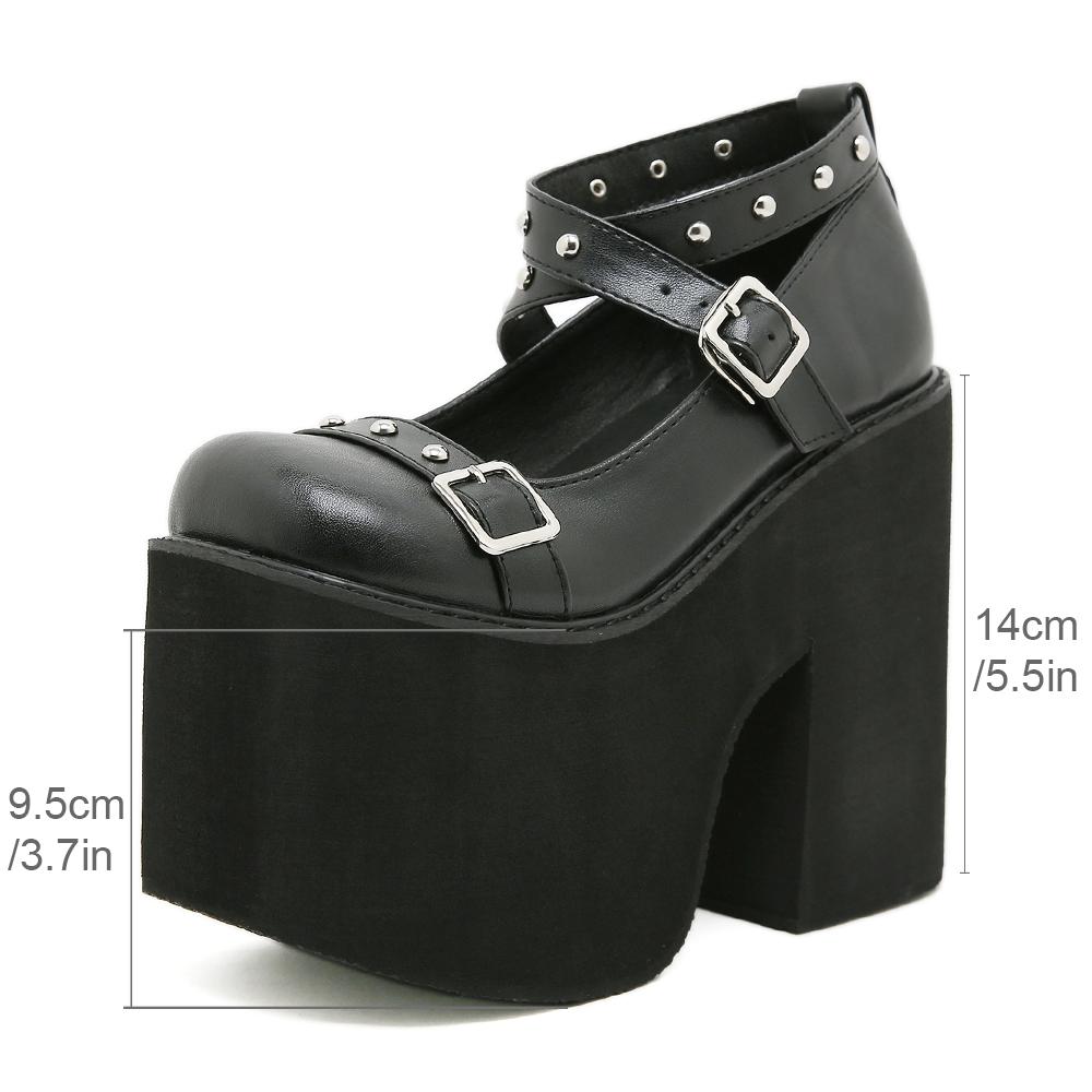 Gdgydh Punk Style Black Rivet Buckle High Heels Shoes for Women Trendy Gothic Waterproof Platform Shoes Belt Buckle Chunky Heels