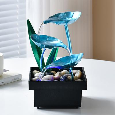 Fuente de Mesa Escritorio 3 Niveles Interior Hoja de Loto Azul Fuentes de Relajación Cascada, Decoración Oficina Hogar Incluyendo Luz LED