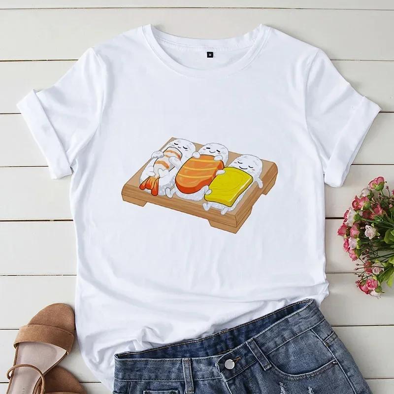 Cute Cartoon Sushi Pattern Printed Short Sleeved Round Neck Summer Top Casual Womens Tshirt