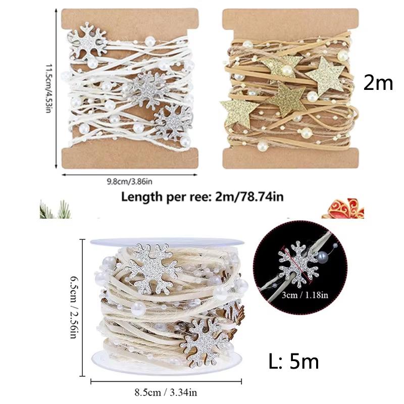 2/5m Pearl Bead Chain Christmas Ribbon with Snowflake and Star Decorations – Ideal for Christmas Tree Weddings and DIY Crafts