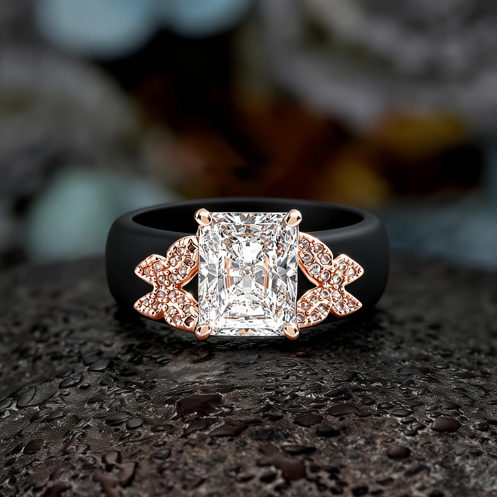 Bague en Silicone Zirconium Transparent Coupe de Luxe, Détails Latéraux Papillon Zirconium Cubique, Bande Noire Souple Confortable Bijou Élégant de Promesse pour Elle 7