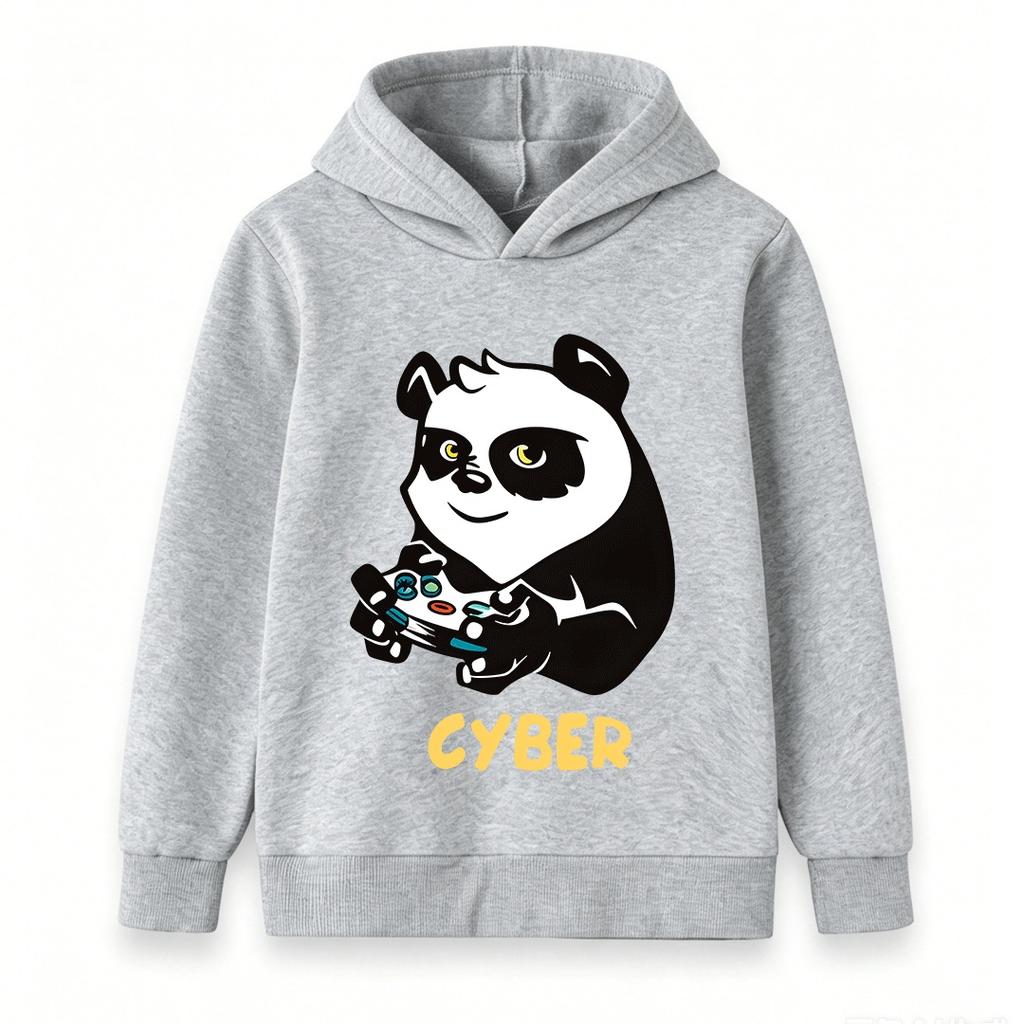 Kids Unisex Casual Hoodie, Cute Gaming Panda Cyber Print Soft Pullover Sweatshirt for Boys Girls Daily Wear