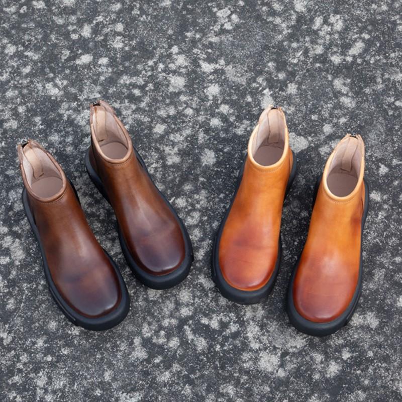 Johnature Retro Versatile Short Boots Round Toe High-quality Cowhide Soft Soled Women's Leather Boots