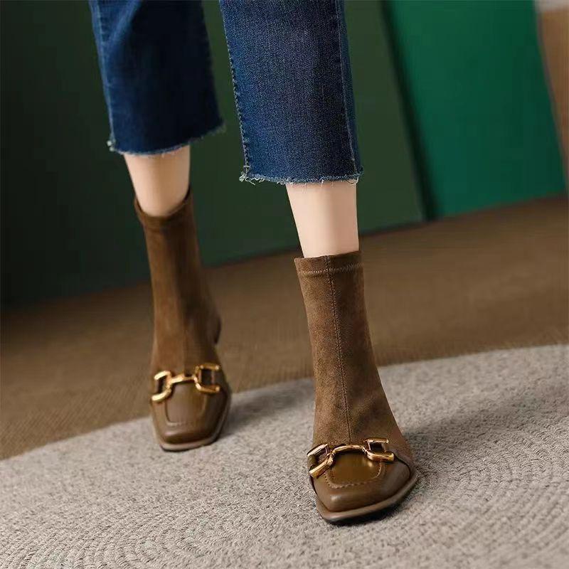 Fashion Black Elastic Socks Boots Spring Women's New Square Head Antique Short Boots Chunky Heel Boots Autumn Thick Heel Women's Boot