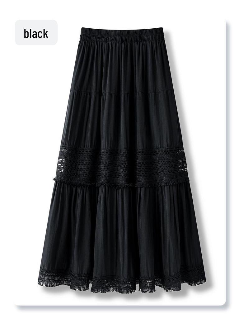 Women's High Waist Black Lace A-Line Midi Skirt - Spring/Summer 2025 Slimming Puffy Cake Swing
