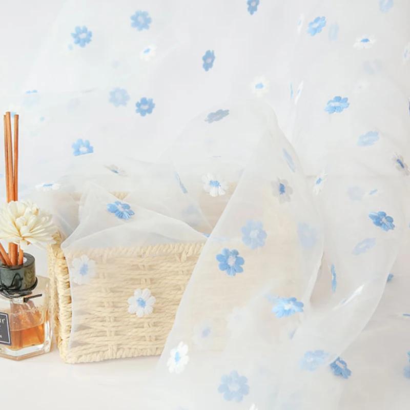 Small Flowers Embroidered Organza Fabric for Sewing Princess Dresses Headwear Stage Costumes Decorative Cloth DIY Fabrics