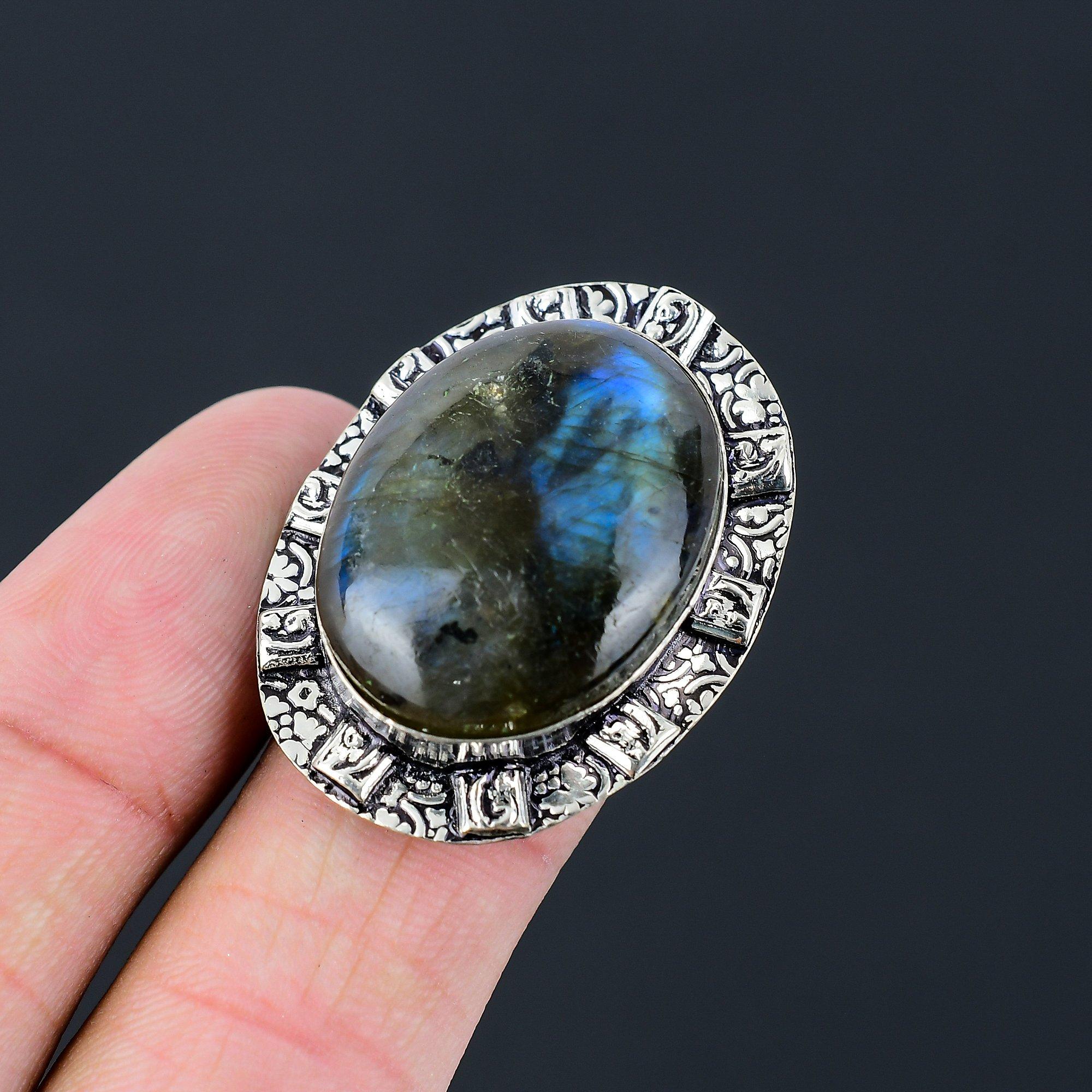 Memorial Day Deal Oval Labradorite Stone Statement Ring 925 Sterling Silver US 8 8