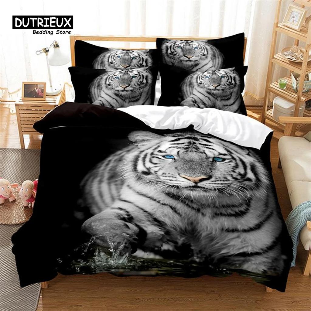 White Tiger Bedding Set 3Pcs Duvet Cover Soft Comfortable Breathable For Bedroom Guest Room Decor