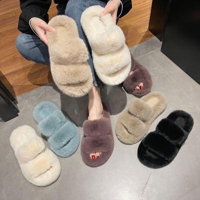 Women's Large Furry Double Stripe Indoor Slippers - Flat Bottom, Warm for Autumn & Winter.